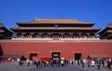 The Meridian Gate (simplified Chinese: 午门; traditional Chinese: 午門; pinyin: Wǔmén; Manchu: Julergi dulimbai duka) is the southern (and largest) gate of the Forbidden City. It has five arches. The three central arches are close together; the two flanking arches are farther apart from the three central arches. The center arch was formerly reserved for the Emperor alone; the exceptions were the Empress, who could enter it once on the day of her wedding, and the top three scholars of the triennial civil service examinations, who left the exams through the central arch. All other officials and servants had to use the four side arches.<br/><br/>

The Forbidden City, built between 1406 and 1420, served for 500 years (until the end of the imperial era in 1911) as the seat of all power in China, the throne of the Son of Heaven and the private residence of all the Ming and Qing dynasty emperors. The complex consists of 980 buildings with 8,707 bays of rooms and covers 720,000 m2 (7,800,000 sq ft).